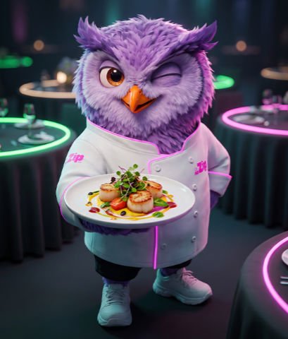 Mascote Zip servindo prato em evento corporativo