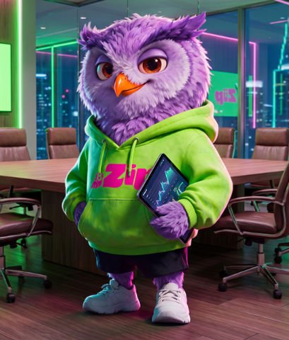 Mascote Zip em sala corporativa